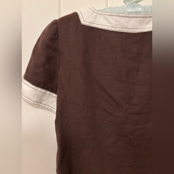 Vintage 90s Brown & White Linen Boho Granola Square Neck Shift Dress - Medium - Picture 8 of 10